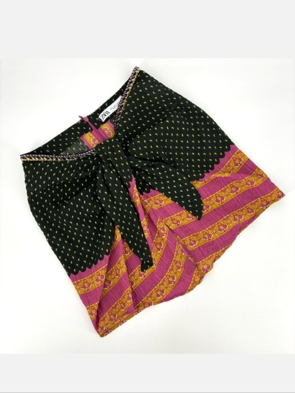 ZARA Tie-Front Mini Skirt in Black & Magenta size Medium